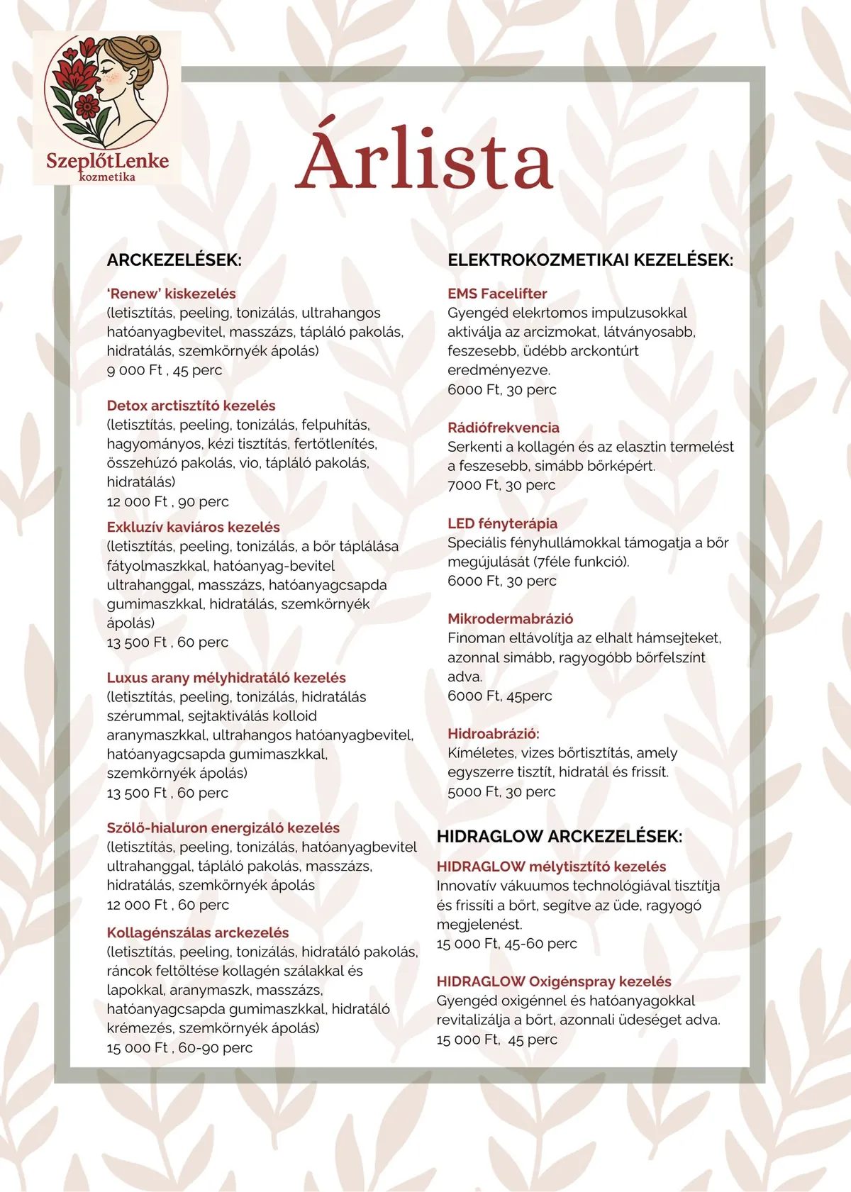 Árlista 1. oldal — Arckezelések, elektrokozmetikai és HIDRAGLOW kezelések