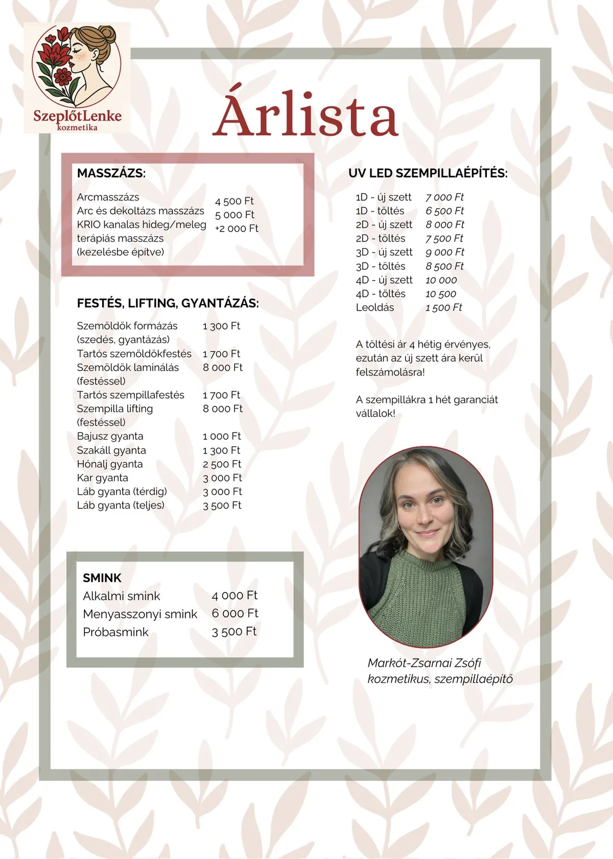 Árlista 2. oldal — Masszázs, festés, lifting, gyantázás, szempillaépítés és smink